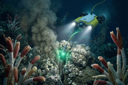 Underwater ROV exploring deep sea vent emitting plume near vibrant tube worms and coral formations illuminated by bright lights