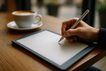 Digital tablet with stylus on wooden table as person writes by window in cozy cafe interior with warm natural light