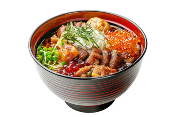 A vibrant bowl of assorted sushi and sashimi served with fresh garnishes and sauce isolated on white background