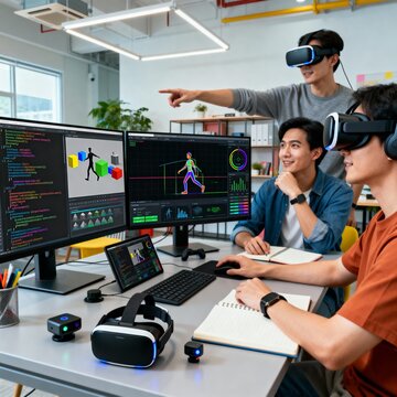 Tech Team Testing New VR Prototype Amid Screens Showing Code, 3D Assets, and Motion Tracking Data