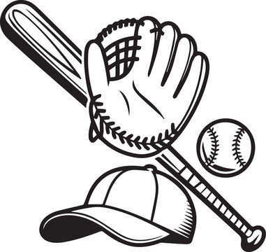 Baseball equipment set including bat glove ball and cap silhouette for sports vector