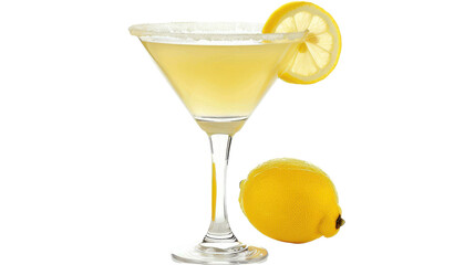 Refreshing lemon cocktail served in a glass with a slice of lemon beside it isolated on white background