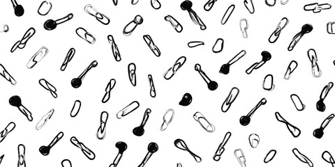 A seamless pattern of black ink hand-drawn safety pins on a transparent background