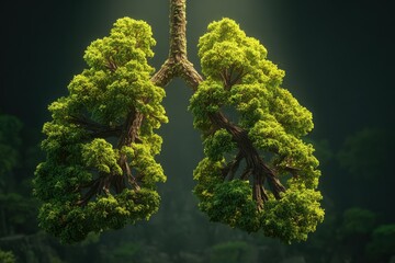 Lit sync with the green tree branches in the shape of lungs for air quality, forest, nature background