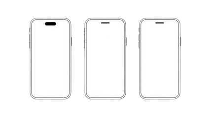 Three white smartphone templates isolated on transparent background