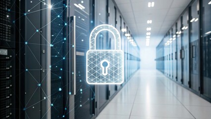 A digital representation of a secure data center with a padlock symbol, emphasizing cybersecurity and data protection.