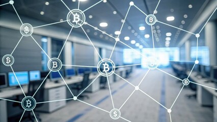 A futuristic office space with a focus on blockchain technology, featuring interconnected digital currency symbols.