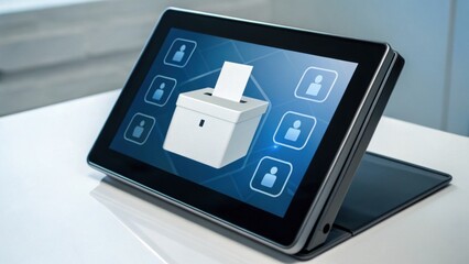 A digital voting device displays candidate options and a secure ballot box, symbolizing modern election technology.