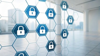 A modern, abstract representation of digital security featuring hexagonal patterns and padlocks, symbolizing protection and cybersecurity in a sleek environment.