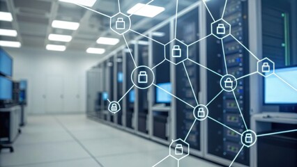 A modern data center with network connections and security icons, showcasing advanced technology and infrastructure for data management.