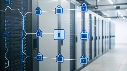A digital representation of a secure data center with visual elements symbolizing data protection and cybersecurity.