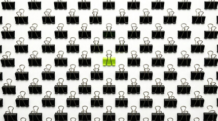 Neon green binder clip standing out among black clips, concept of office organization