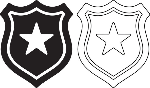 Vector icon set featuring a police officer badge shield with a star symbol in solid black silhouette and linear outline styles for law enforcement and security design projects.
