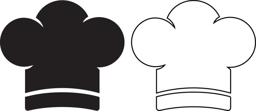 Vector icon set featuring a traditional chef hat or toque in solid black silhouette and linear outline styles representing restaurant cooking, culinary arts, and bakery professionals.