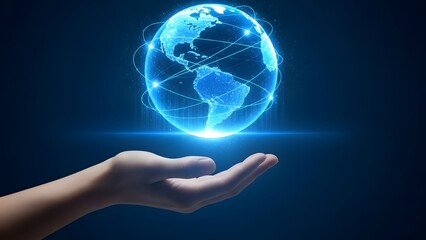 A glowing blue globe with network connections hovering above an outstretched hand