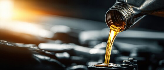 oil being poured from an oil can into the engine bay, with a blurred background of car parts.