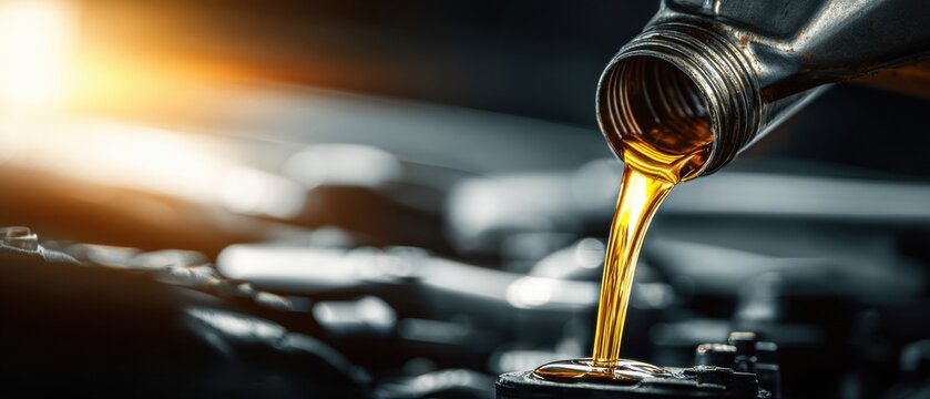 oil being poured from an oil can into the engine bay, with a blurred background of car parts.