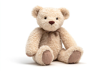 Obraz premium Adorable cream-colored teddy bear with a brown bow tie sitting on a white background ready to comfort and bring joy to children