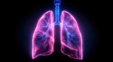The lungs, isolated on a black background, in the style of x-ray, with a blue neon light