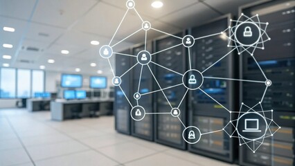 A modern server room featuring network connections, data storage, and monitoring systems, illustrating the technology infrastructure.