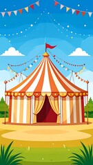 Cartoon illustration depicts a festive outdoor circus tent setup under a sunny sky