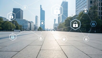 A futuristic urban scene with digital security icons overlaying a cityscape, representing connectivity and cybersecurity in modern architecture.