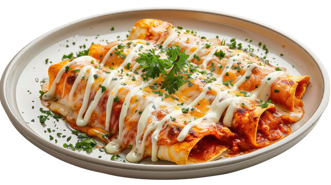 Delicious plate of cheesy enchiladas garnished with herbs and sauce on a table isolated on white background
