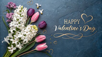 Elegant Valentine's Day Arrangement with Hyacinths, Tulips, and Golden Heart Swirls