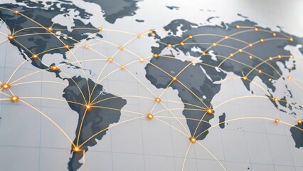A stylized map of the world with glowing connections, representing global networking and communication across continents.