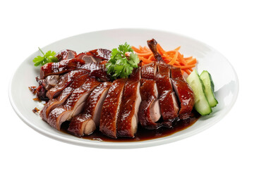 Deliciously plated roasted duck with vibrant vegetables on a white dish isolated on white background