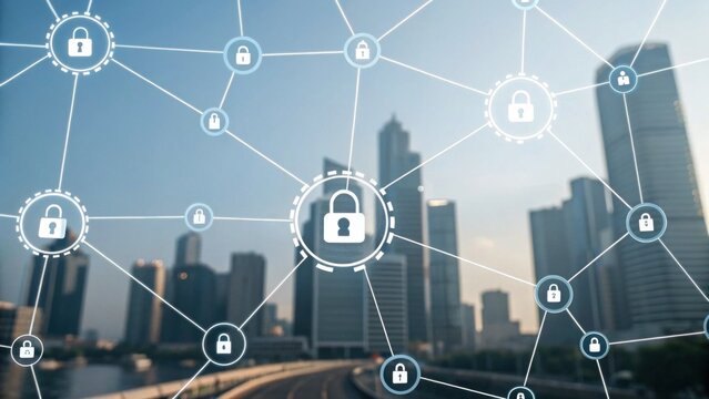 A futuristic cityscape with digital security locks representing cybersecurity and network connectivity. - Powered by Adobe
