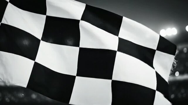 A black and white checkered flag waves in the foreground with the blurred lights of a stadium or racetrack in the background