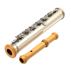 Obraz premium A detailed silver metal woodwind flute musical instrument with classical keys isolated on a white background for orchestra or jazz band performance