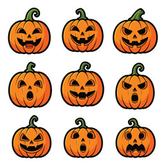 A collection of nine cartoon jack-o-lanterns with various expressions