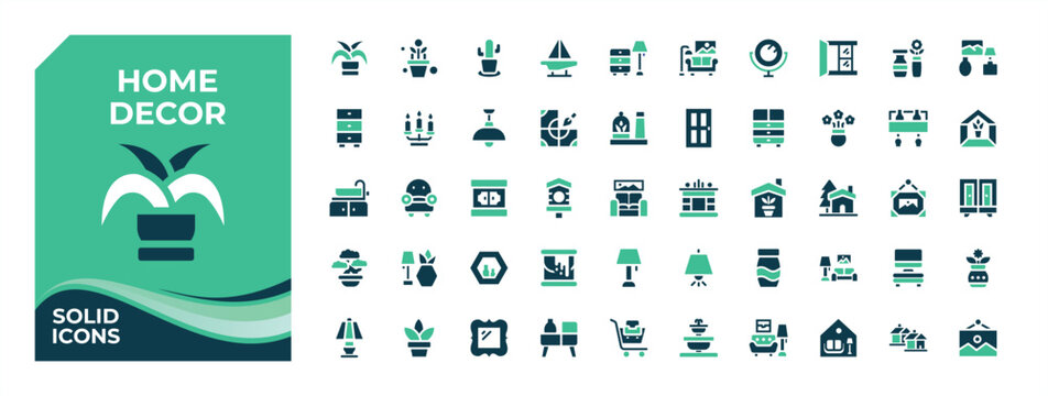 Home Decor colorful solid icon set. Related to home, room, house, sofa, apartment, kitchen and more. Minimal icons set. Indoor icon set. Vector illustration in modern solid style.