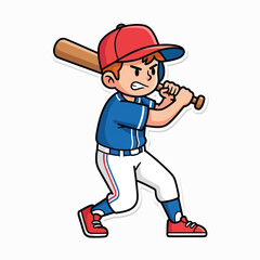 A cartoon boy in baseball gear prepares to swing