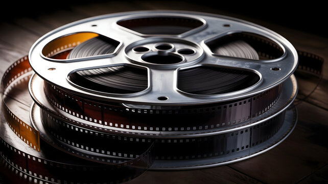 Film Reels Stacked Together with Loose Film Strip on Wooden Surface, Vintage Cinema
