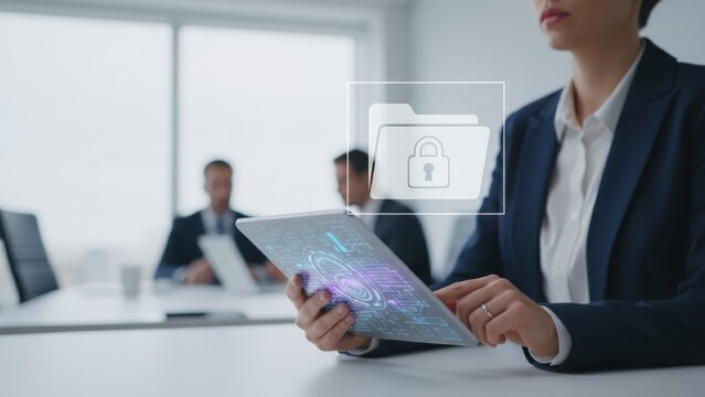 Businesswoman Securing Data with Digital Tablet: Privacy, Encryption, and Cyber Security in Modern Office - Powered by Adobe