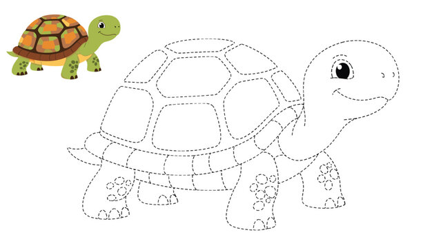 An educational connect the dots and color activity worksheet for kids, featuring a cute and friendly turtle to trace and draw.