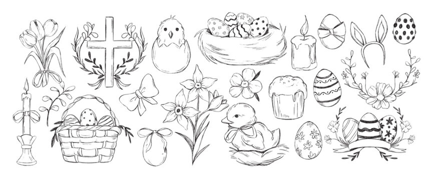 Hand drawn Easter doodle illustration set. Festive spring traditional object