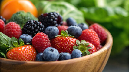 Obraz premium Colorful fruit and vegetable bowl includes berries and greens in a kitchen setting during daytime