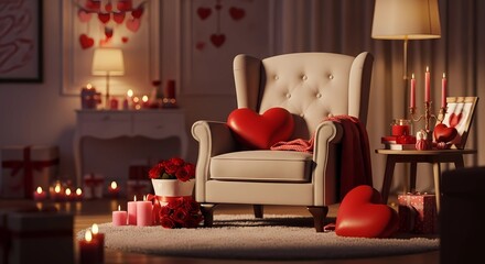 A cozy living room decorated with red hearts and candles for a romantic Valentine's Day celebration