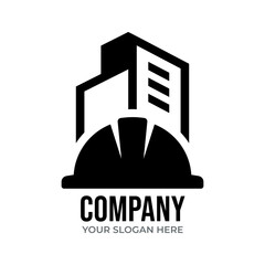 Construction company logo icon. Showing building structure, hard hat safety, and professional contractor services.
