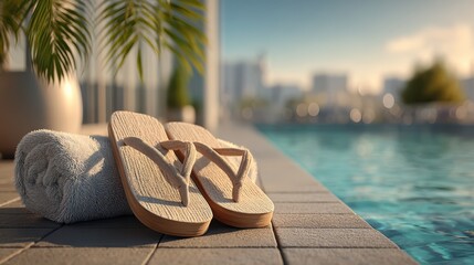 Obraz premium A simple aesthetic shot of flip-flops and a towel on the beach.