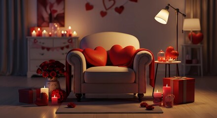 A cozy living room decorated with red hearts and candles for a romantic Valentine's Day celebration