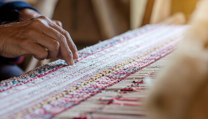 Close-up of hands weaving a colorful textile on a loom.