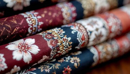 Fototapeta premium Close-up of Rolled Fabric with Intricate Floral Patterns.
