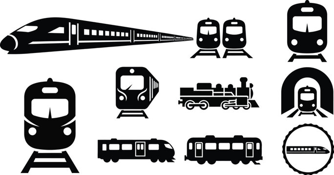 Public transportation metro trains and trams. Classic steam locomotive, a modern high-speed train, and electric passenger trains vector illustration icons.