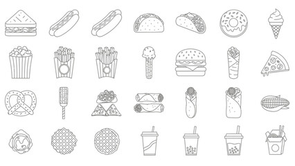 Collection of black and white outline icons representing various popular fast food items including sandwiches burgers donuts and sweet treats