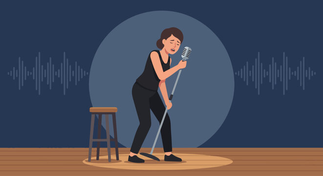 Singer Singing with Microphone Stand
A flat vector illustration of a singer singing passionately into a microphone on a stand. Minimal stage setup. Flat vector style, expressive and focused mood.